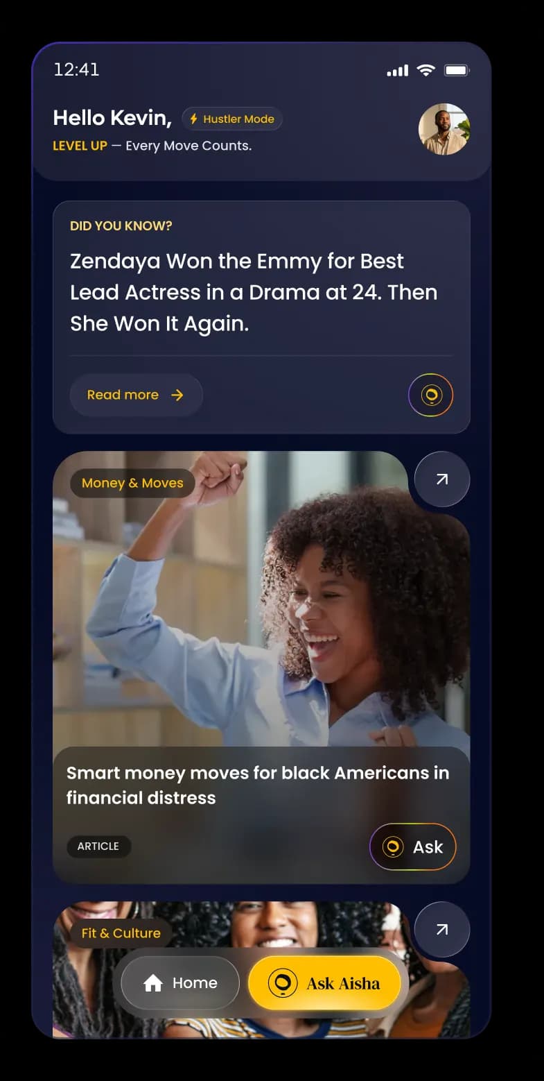 AISHA mobile app preview overlapping the dashboard